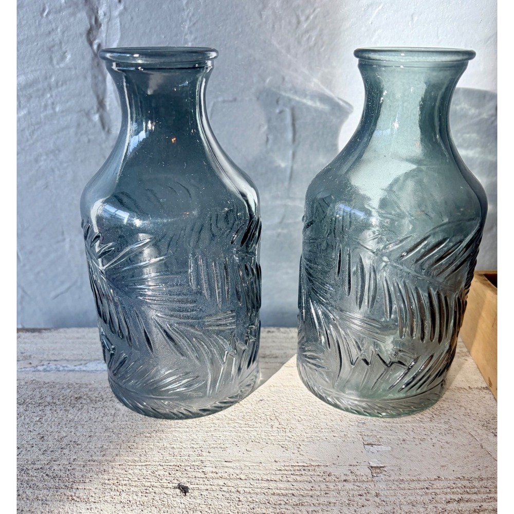 Set of 2 gray Glass Palm Leaf Embossed Bud Vases Tropical Decor 7"